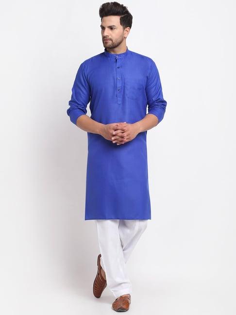 benstoke royal blue & white cotton regular fit kurta set