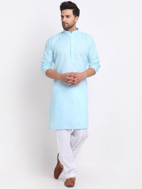 benstoke sky blue & white cotton regular fit kurta set