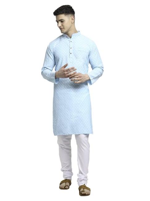 benstoke sky blue & white cotton regular fit self pattern kurta bottom sets