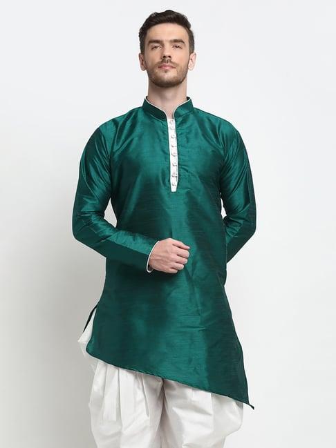 benstoke teal green regular fit mandarin collar kurta