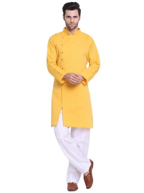 benstoke yellow & white regular fit geometric print angrakha kurta & pyjamas set