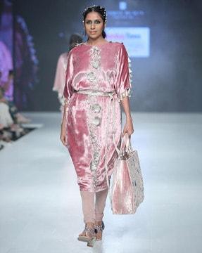 berina rose pink velvet kurta with soft net churidar