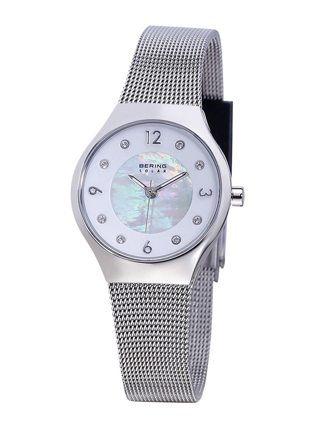 bering women silver-toned mother of pearl dial & silver toned stainless steel bracelet style straps analogue watch