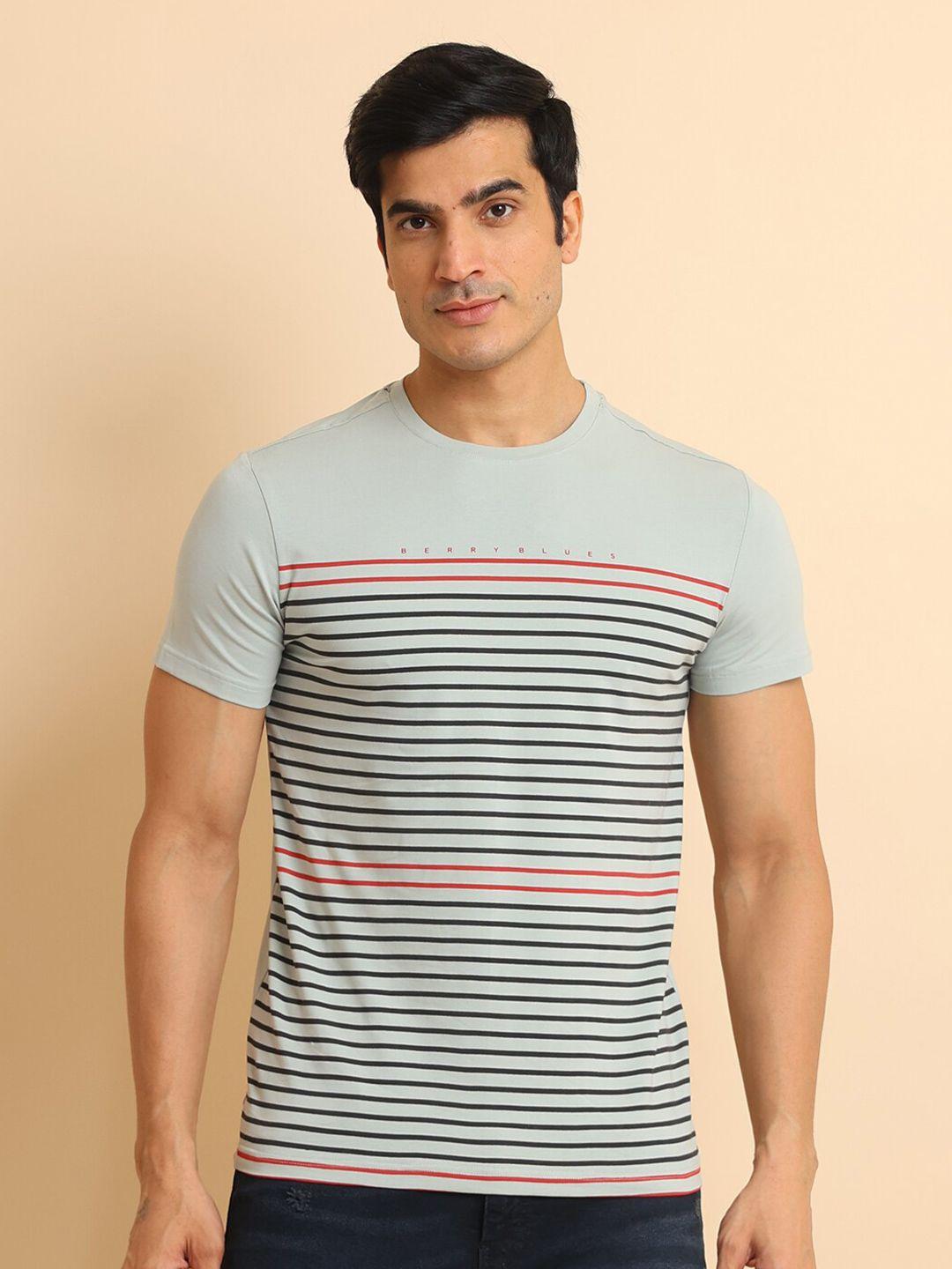 berry blues striped round neck short sleeves cotton t-shirt