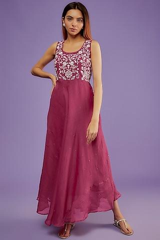 berry chanderi mul chikankari embroidered dress