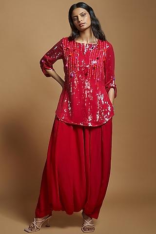 berry red sequins tassel embellished tunic set