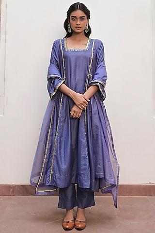 berry blue chanderi silk sequins embroidered a-line kurta set