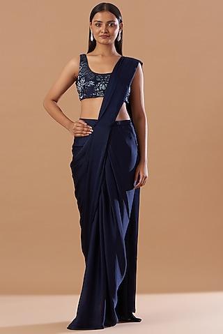 berry blue satin pre-stitched draped saree set