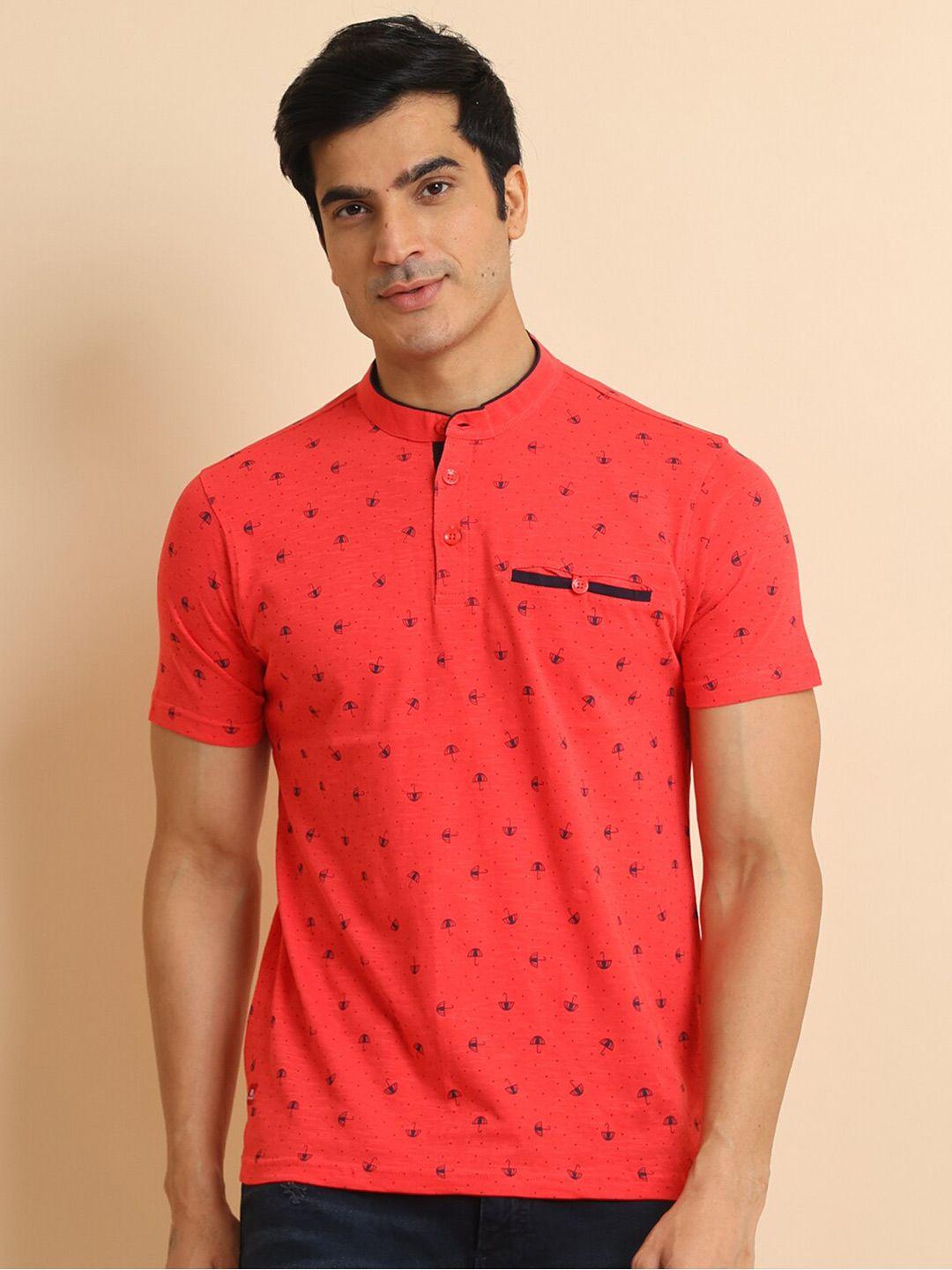 berry blues geometric printed mandarin collar short sleeves cotton t-shirt