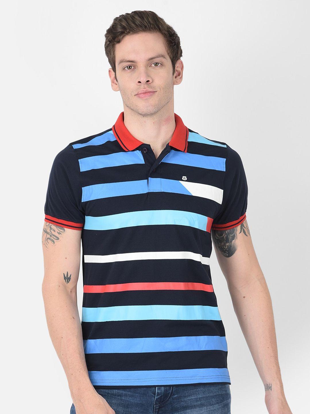 berry blues men blue striped polo collar applique t-shirt