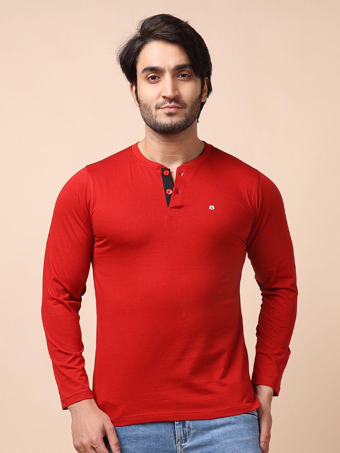 berry blues men red henley neck long sleeves cotton t-shirt