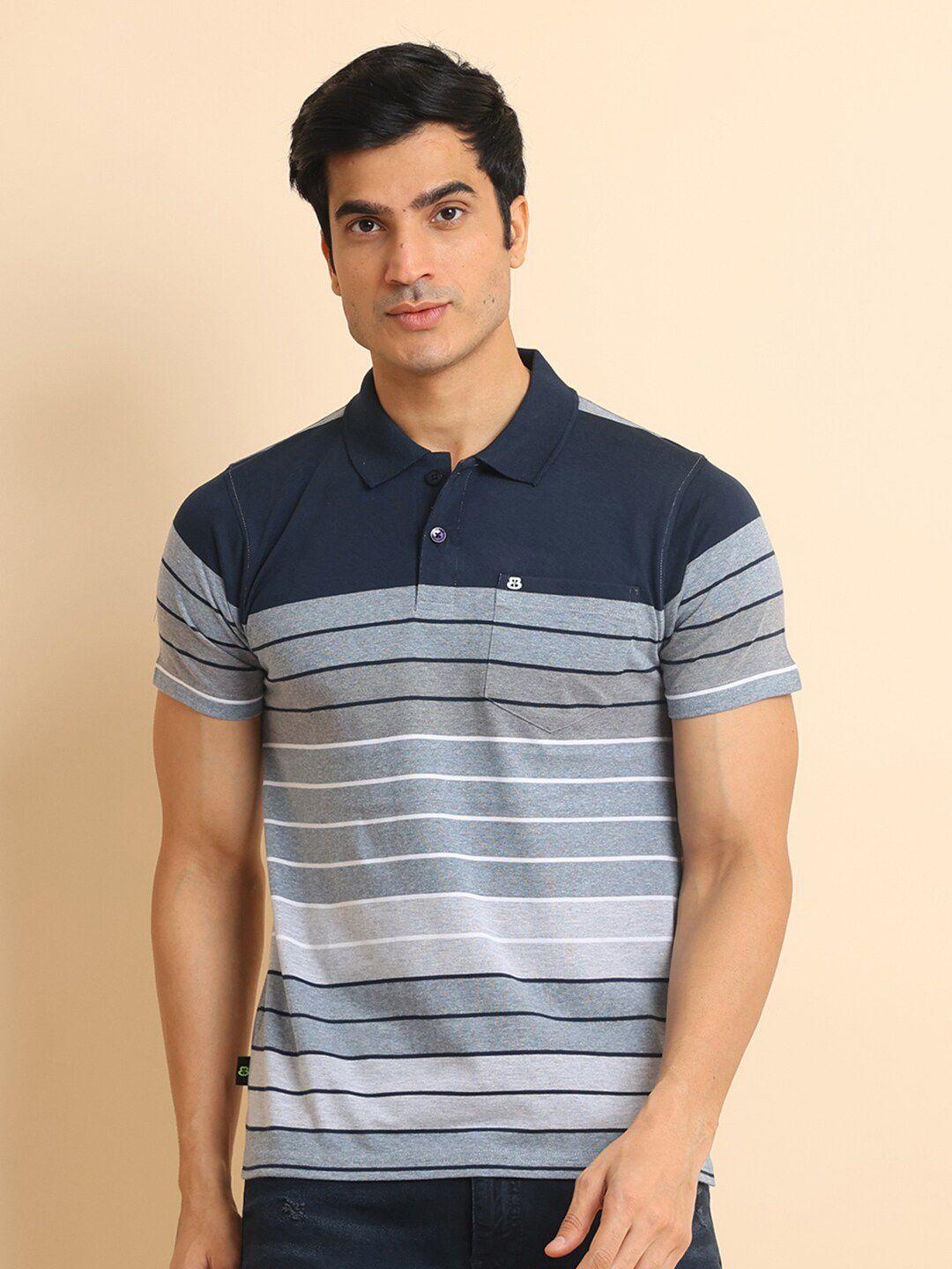 berry blues striped cotton polo collar short sleeves pockets t-shirt