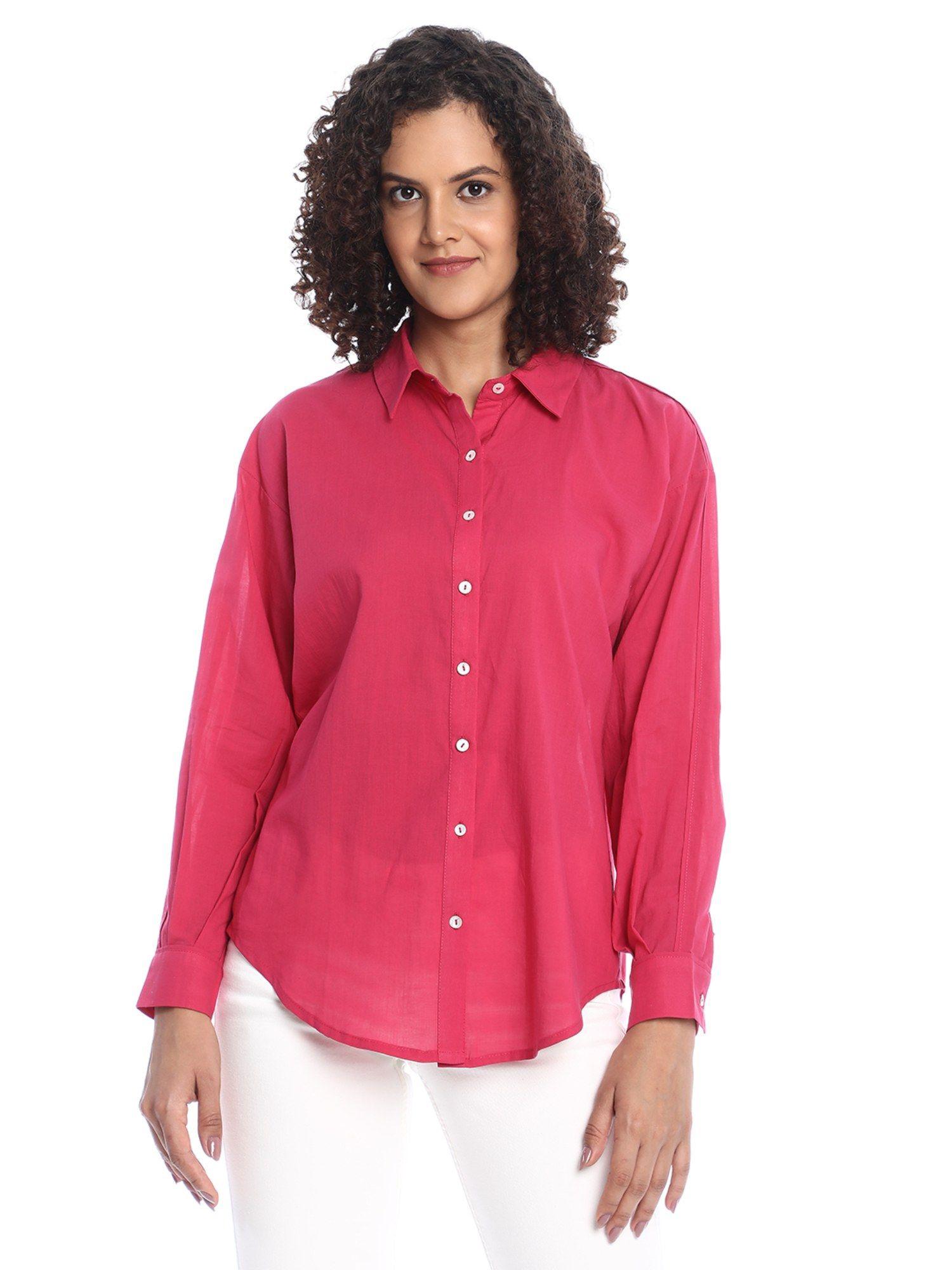 berry bright pink cotton drop shoulder shirt for women