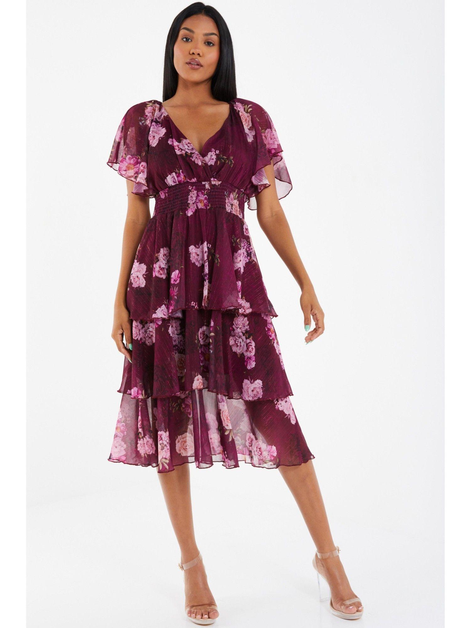 berry chiffon tiered midi dress