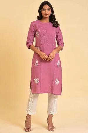 berry pink embroidered kurta with pin tucks