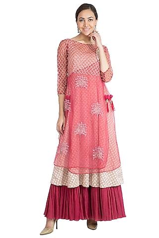 berry pink embroidered printed anarkali kurta with pants