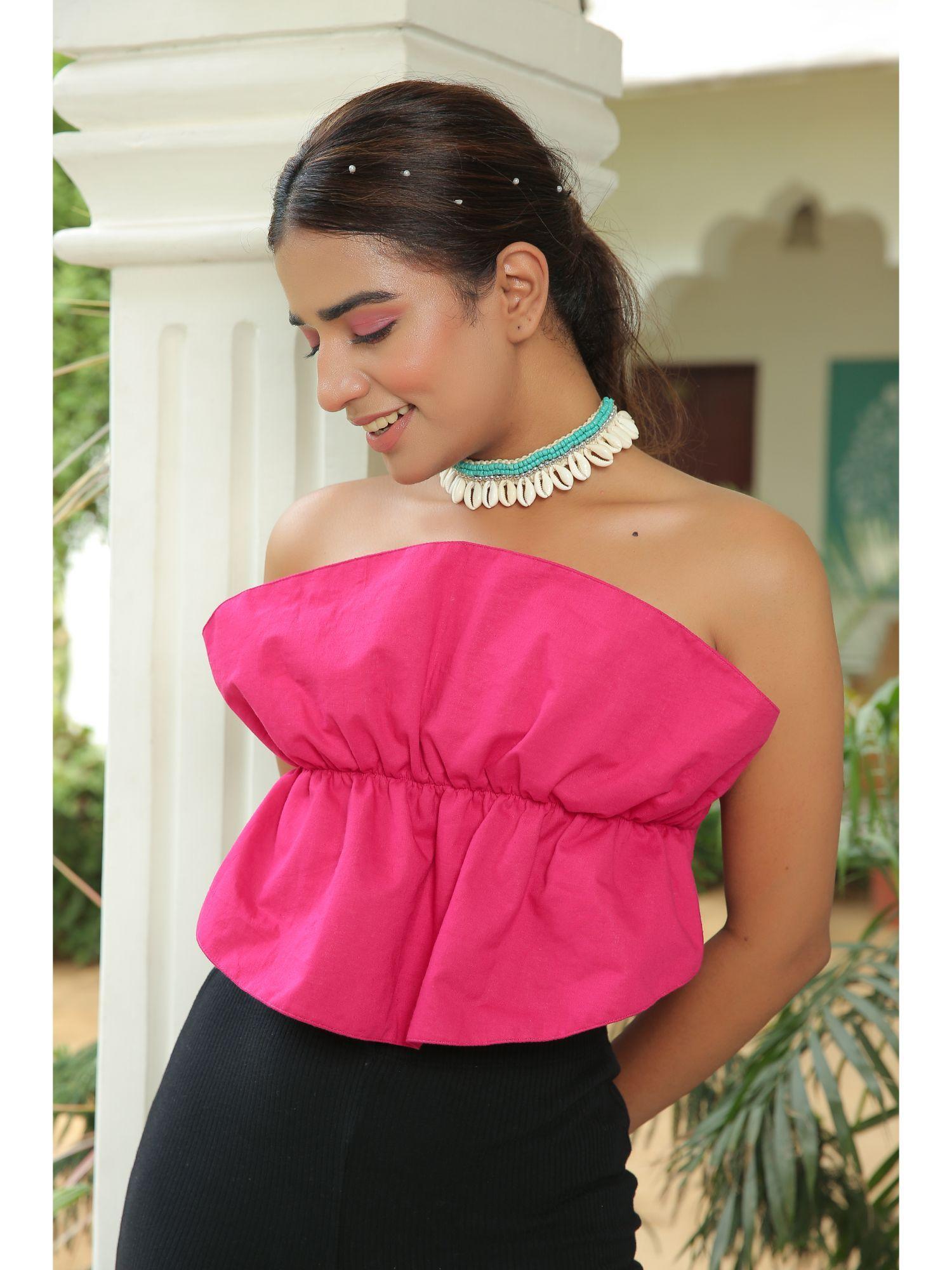 berry pink ruffled tube crop top