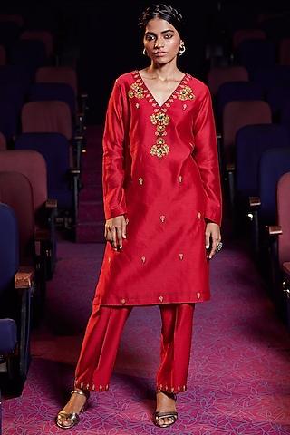 berry red embroidered kurta set