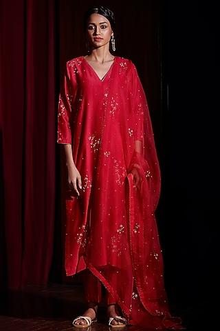 berry red kurta set with embroidery
