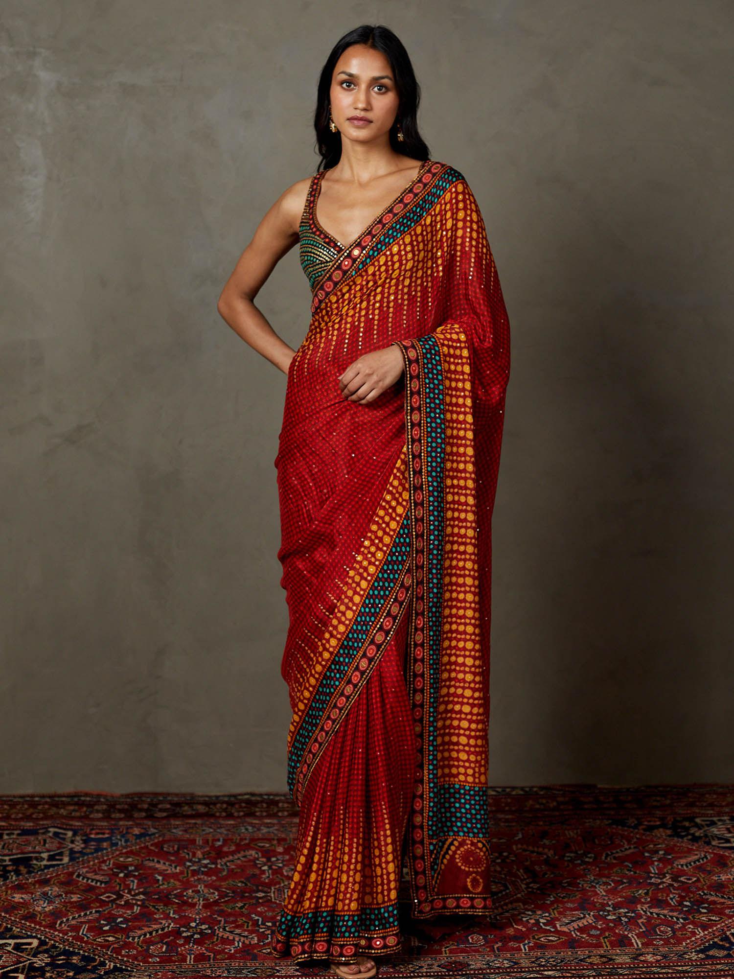 berry red multi ari with tikki-h emb petunia saree with stitched blouse