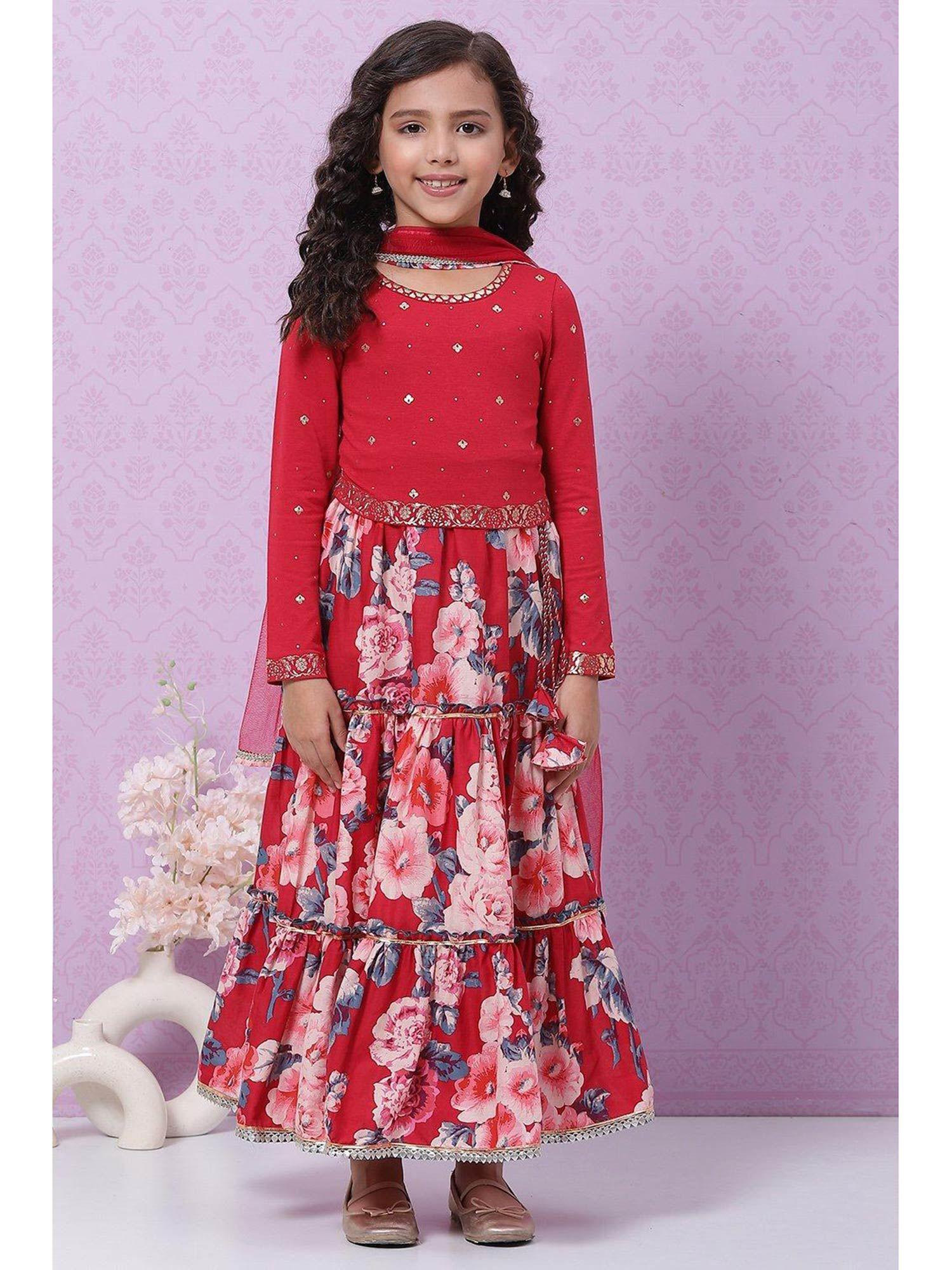 berry red printed lehenga (set of 3)