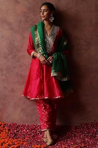 berry red silk embellished short kurta set