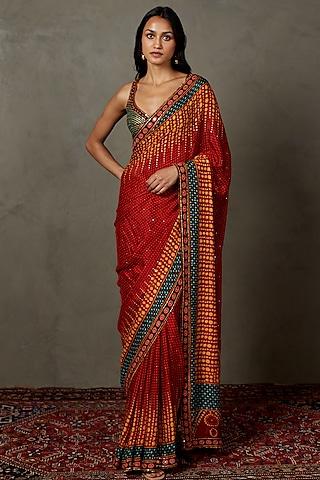 berry red viscose chinon printed & embroidered saree set