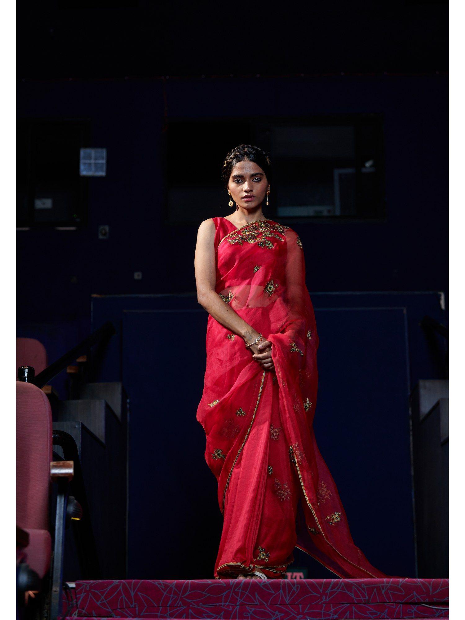 berry rumi saree with stitched blouse with stitched