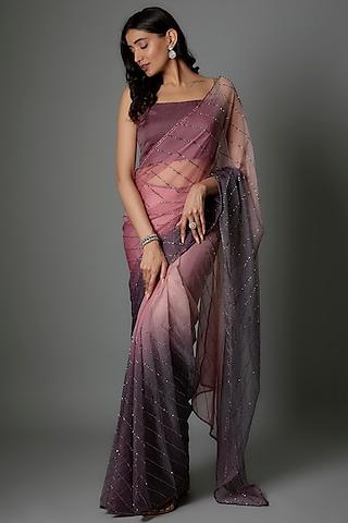 berry shaded crystal organza beads embellished draped saree set