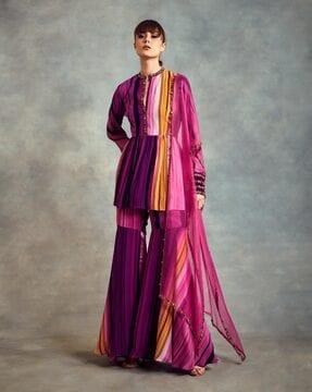 berry stroke print sharara set with embellishments