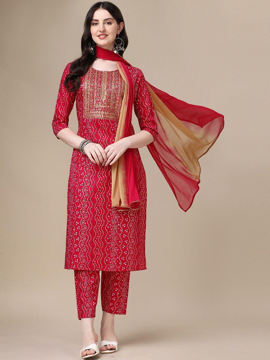 berrylicious bandhani printed regular thread work kurta with trousers & dupatta