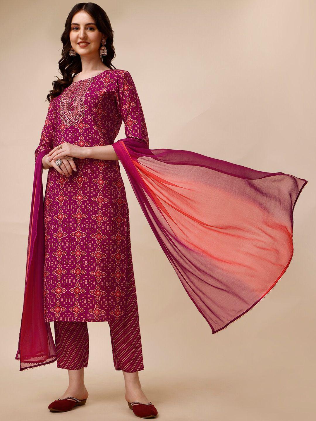 berrylicious bandhani printed thread work chanderi cotton kurta with trousers & dupatta