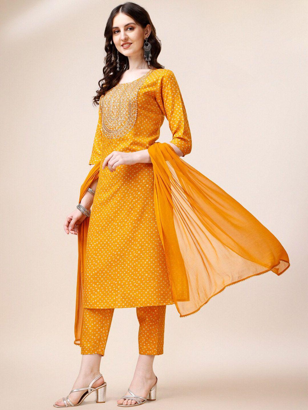 berrylicious bandhani printed thread work pure cotton kurta & trousers with dupatta