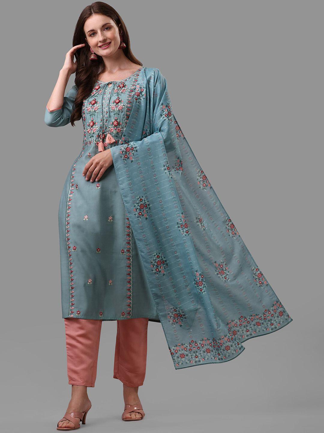 berrylicious blue floral embroidered thread work chanderi cotton kurta with trousers & dupatta