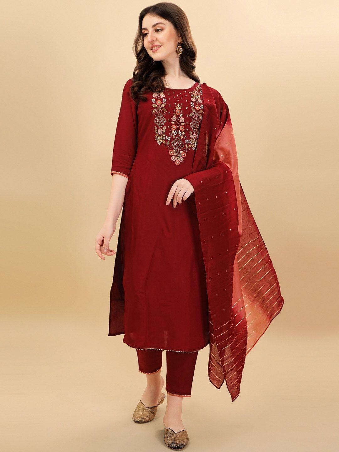 berrylicious embroidered chanderi cotton kurta with trousers & dupatta