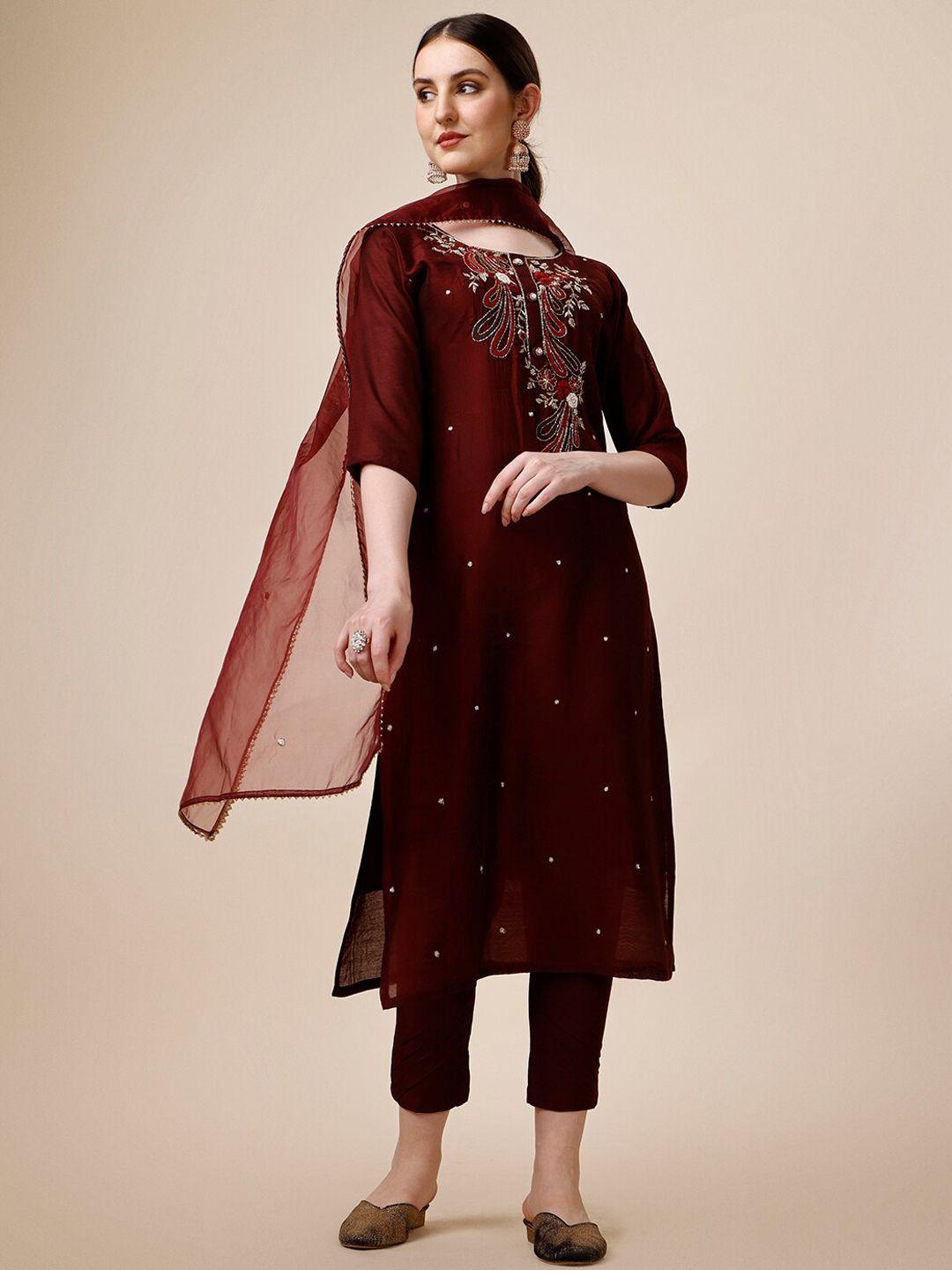 berrylicious embroidered chanderi cotton kurta with trousers & dupatta