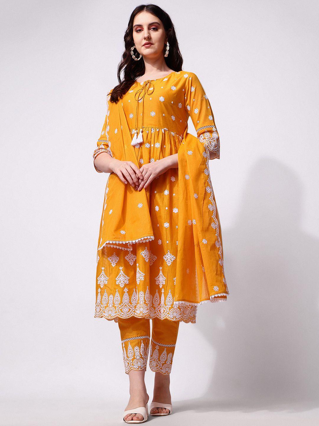 berrylicious embroidered pleated chikankari pure cotton kurta with trousers & dupatta
