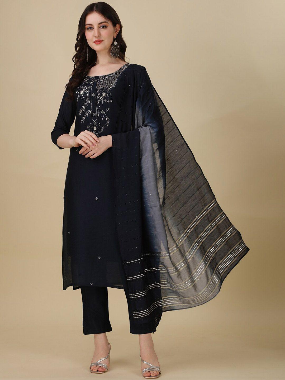 berrylicious embroidered sequined chanderi cotton kurta with trousers & dupatta