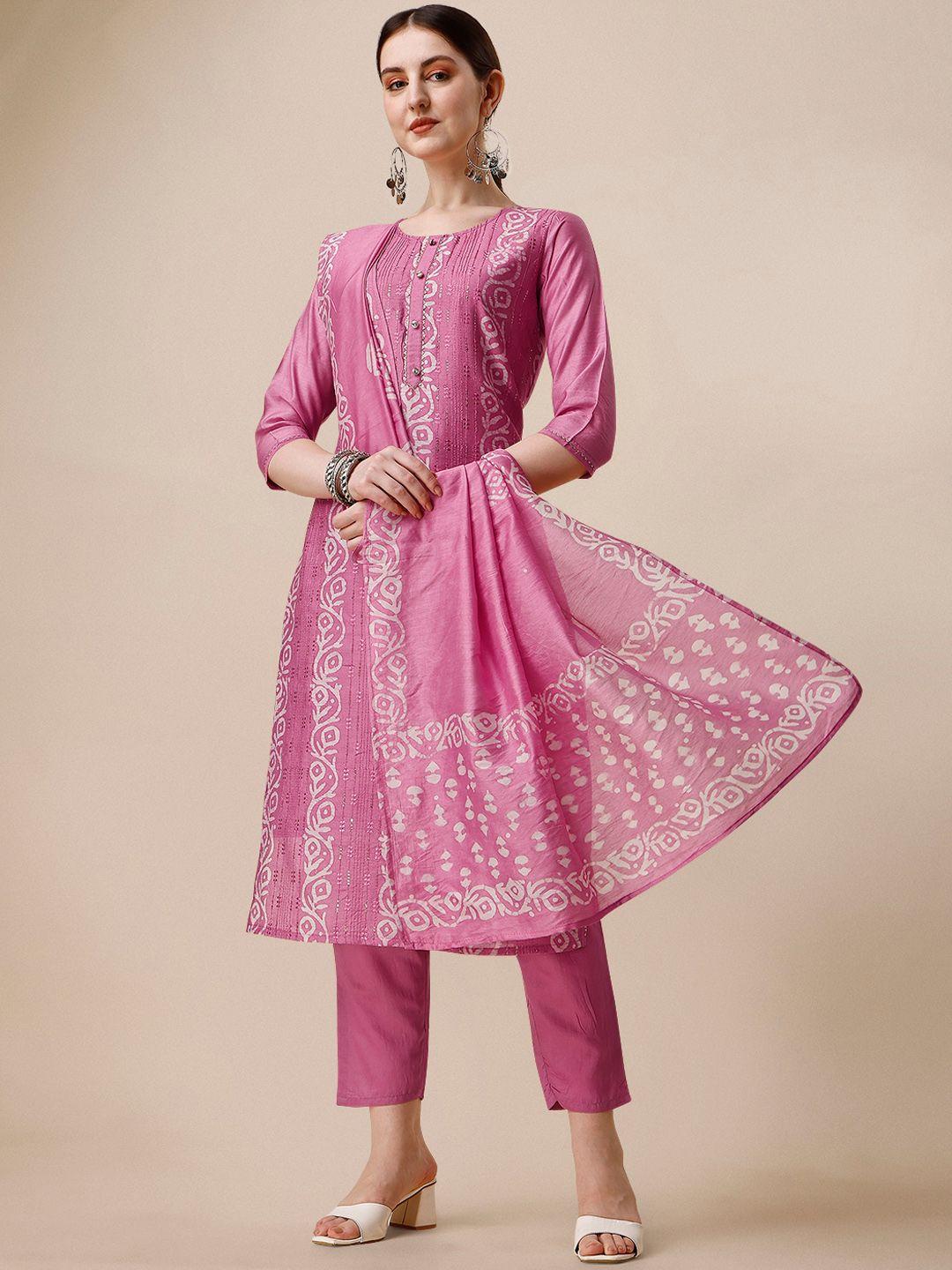 berrylicious ethnic motifs batik printed chanderi cotton kurta with trousers & dupatta