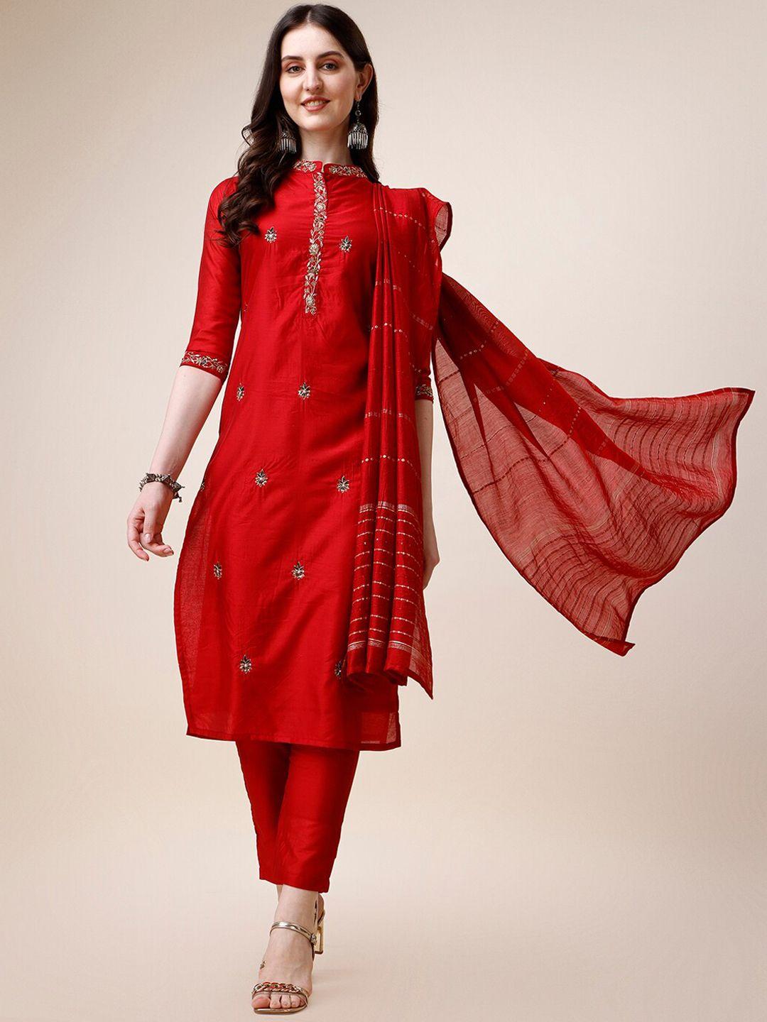 berrylicious ethnic motifs embroidered chanderi silk kurta with trousers & dupatta