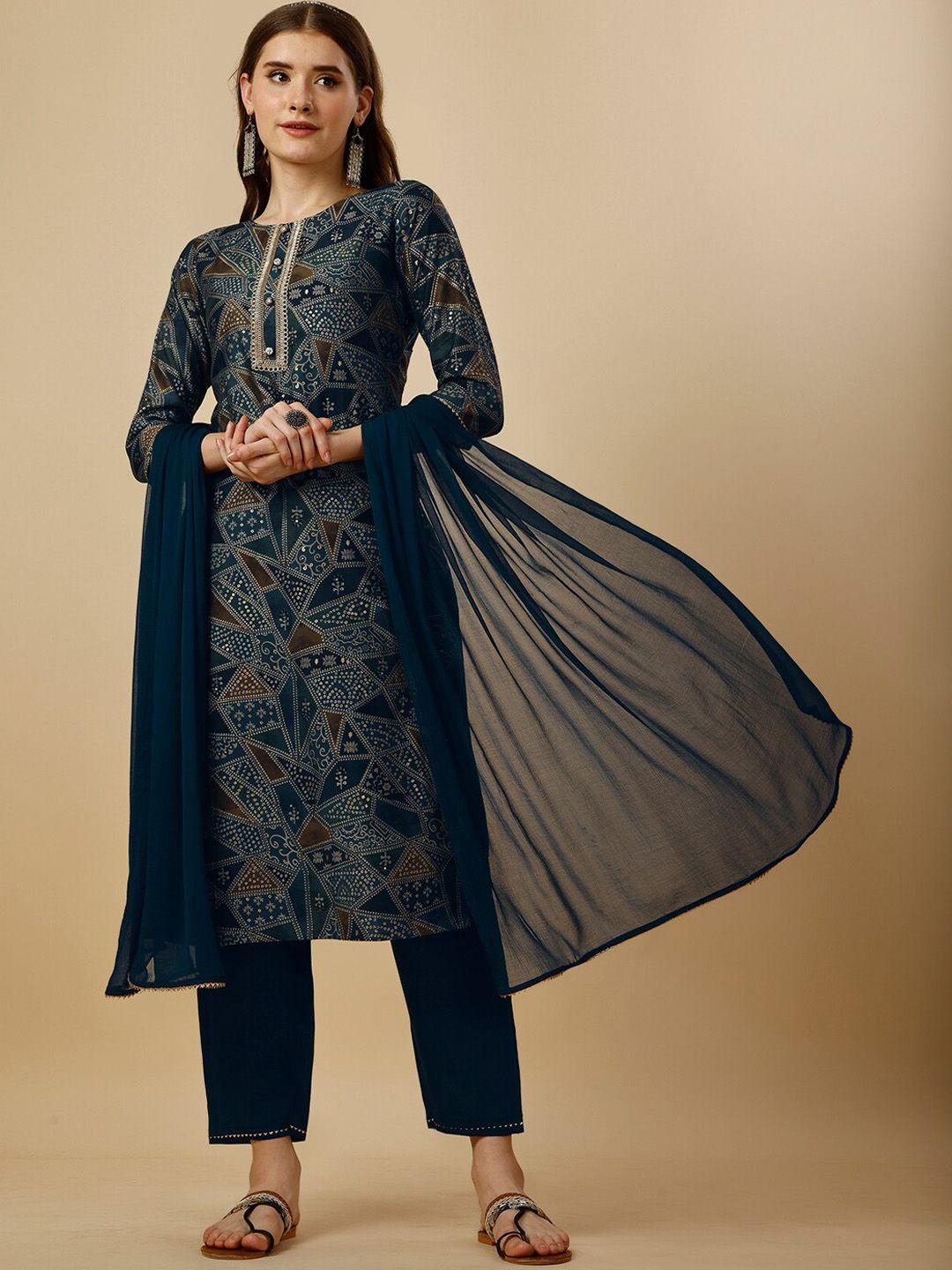 berrylicious ethnic motifs printed chanderi cotton kurta with trousers & dupatta