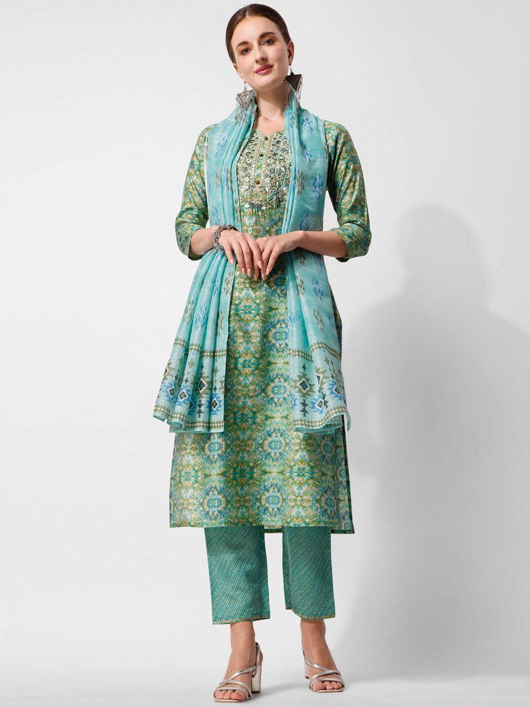 berrylicious floral embroidered mirror work chanderi cotton kurta with trousers & dupatta