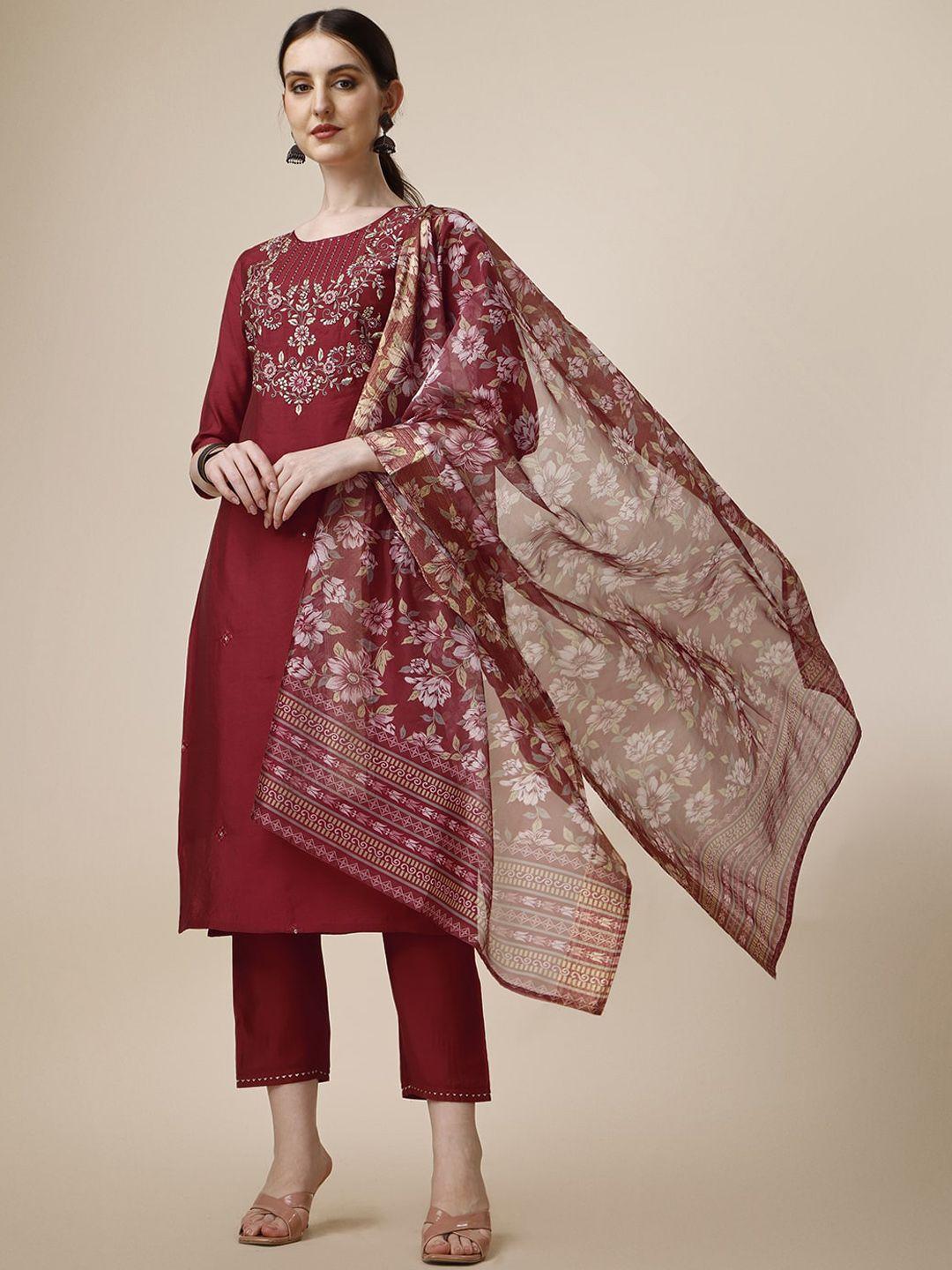 berrylicious floral embroidered regular chanderi cotton kurta with trousers & dupatta
