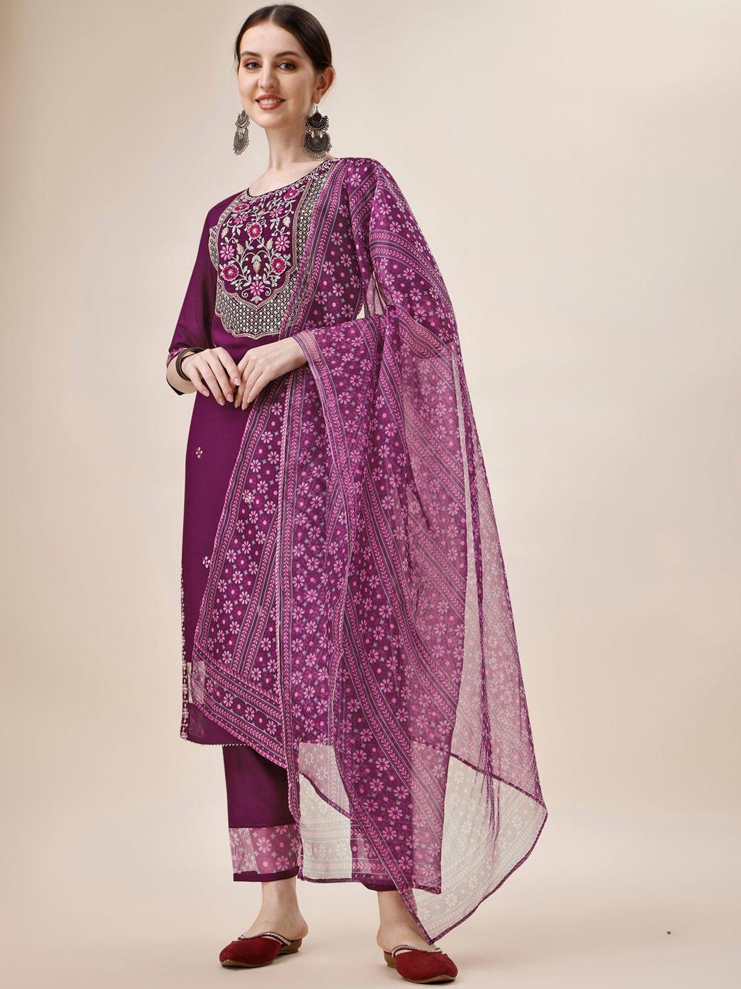 berrylicious floral embroidered thread work chanderi cotton kurta with trouser & dupatta