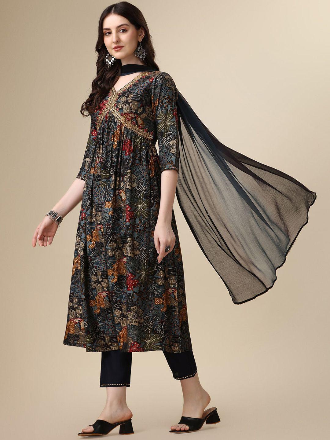 berrylicious floral embroidered thread work kurta with trousers & dupatta
