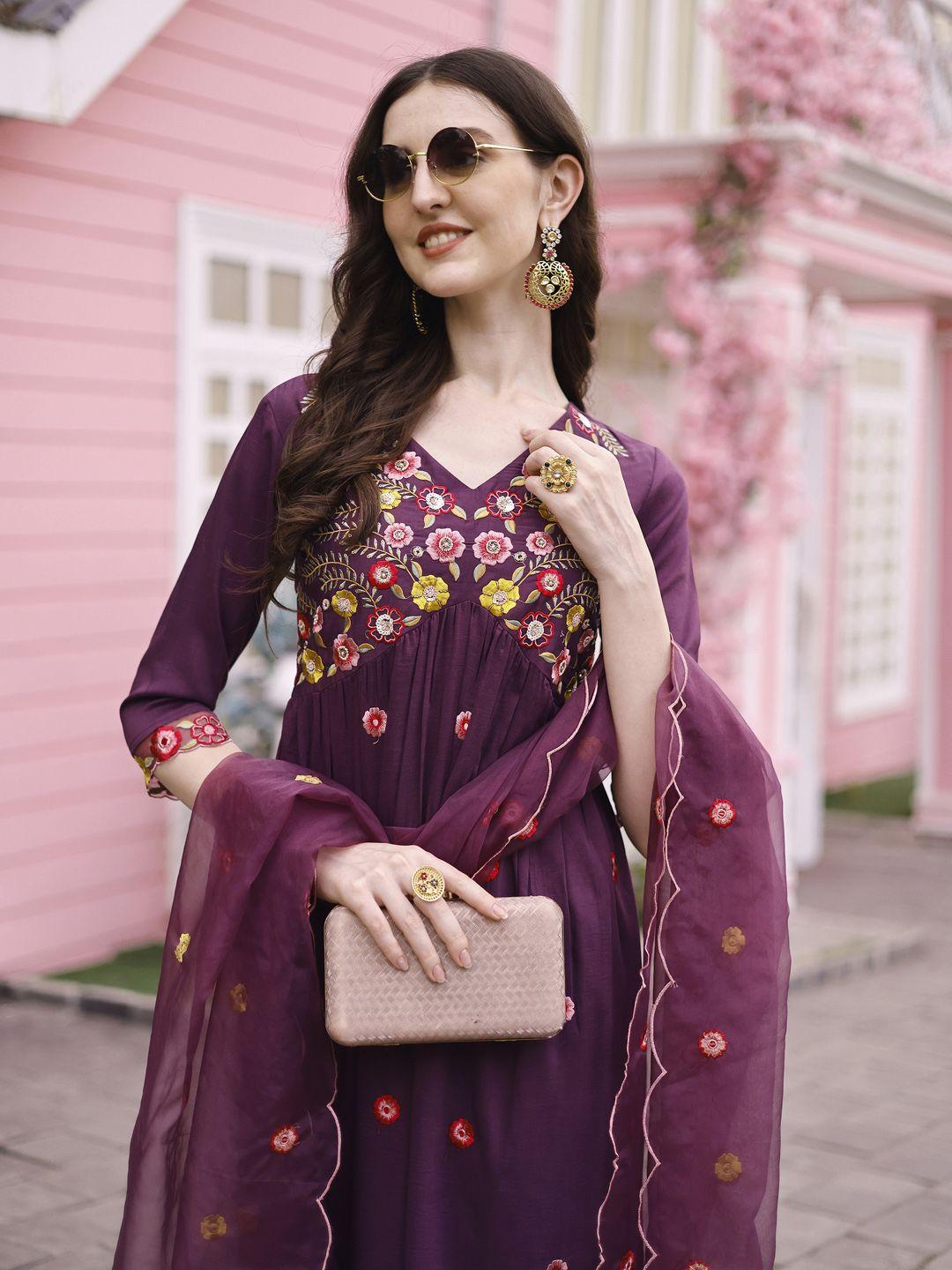 berrylicious floral embroidered thread work pure silk kurta with trousers & dupatta