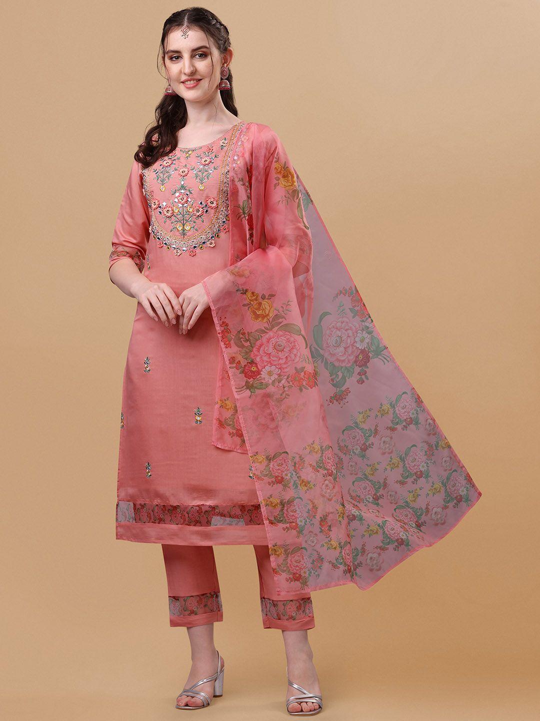 berrylicious floral thread work round neck kurta with trousers & dupatta