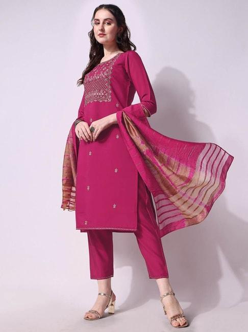 berrylicious pink chanderi embroidered kurta with pants & dupatta