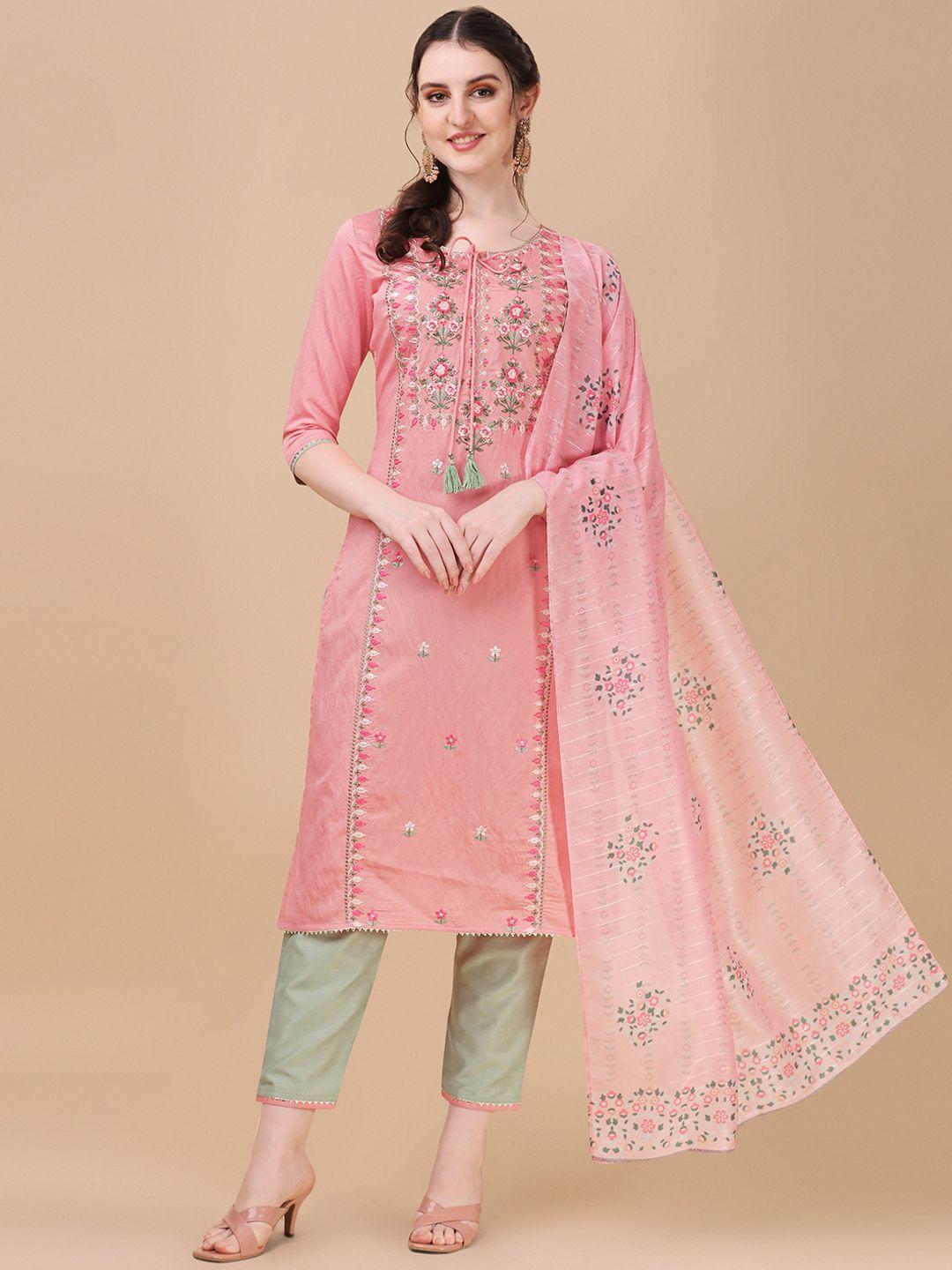 berrylicious pink floral embroidered thread work chanderi cotton kurta with trousers & dupatta