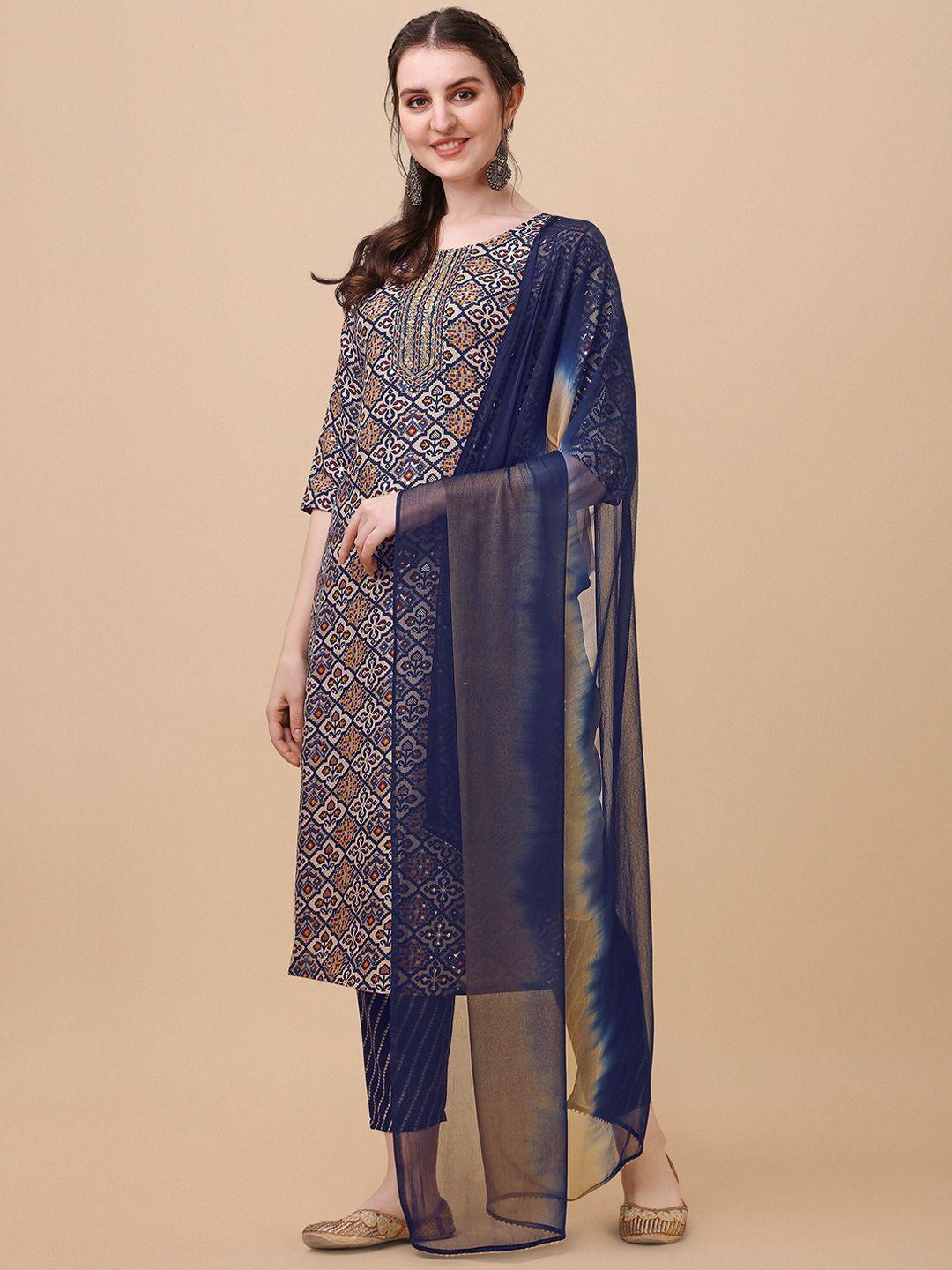 berrylicious women blue ethnic motifs printed pure cotton kurta with trousers & dupatta